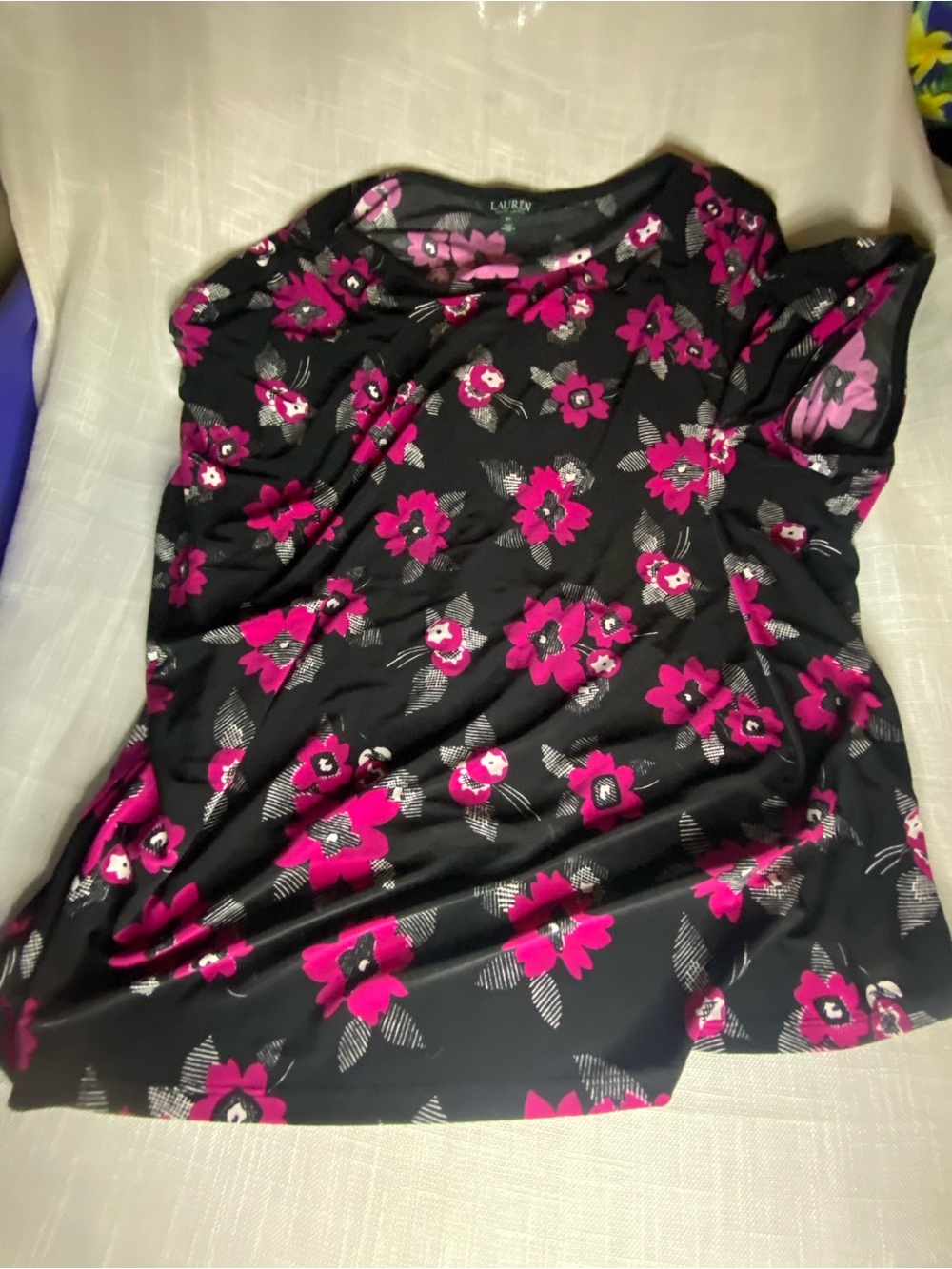 Lauren Ralph Lauren Black Short-Sleeve Top with Fuchsia Floral Print